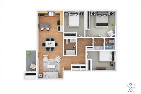 a stylized floor plan with bedrooms and a living room